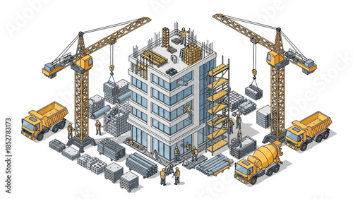Isometric Construction Site - Building Under Development with Cranes and Trucks.