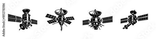 Space satellite designs, communication systems, flat vector illustration