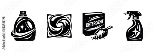 Cleaning products icons, detergent, spray, flat vector illustration