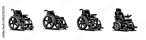 Wheelchair designs, manual and electric, flat vector illustration