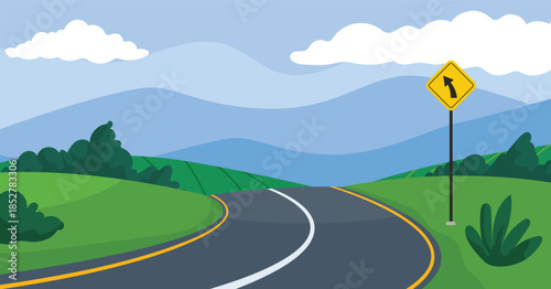 Asphalt road in green mountains view, green meadow for background