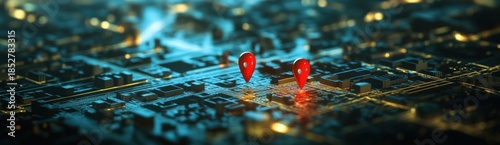 Wallpaper Mural Digital City Map with Two Red Location Pins Illustrating GPS Navigation, Smart City Infrastructure, and Global Network Connectivity Torontodigital.ca