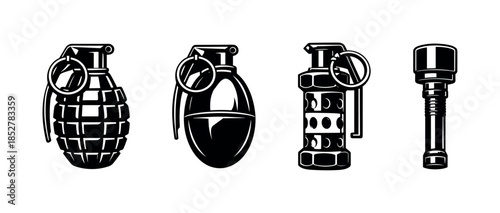 Hand grenade collection, military explosive, tactical, flat vector illustration