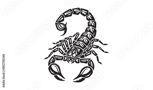 Detailed black silhouette of a stylized scorpion, featuring a segmented body, pincers, and a curved tail, symbolizing danger, strength, or astrology.