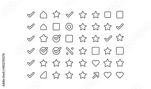 Grid of simple outline icons including checkmarks, stars, houses, circles, and hearts, perfect for checklists, ratings, and user interface elements.