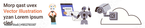 Artificial Intelligence, cybersecurity, data privacy, surveillance, automation, digital economy. Robot, camera cloud symbol and invoice together. Artificial intelligence and cybersecurity