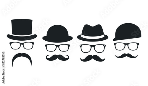 Collection of different hats and mustaches hat, mustache, glasses, top hat, bowler hat