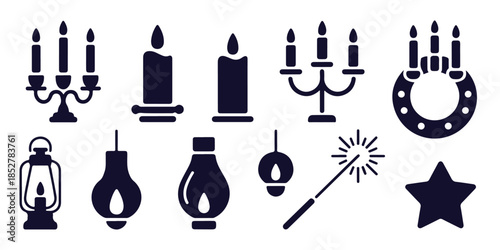Set of candle light and lantern silhouette icons featuring star and magic wand