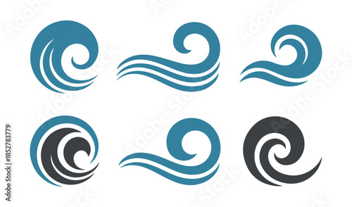 Collection of six abstract swirling wave symbols in blue and dark grey, evoking water, motion, and natural energy.