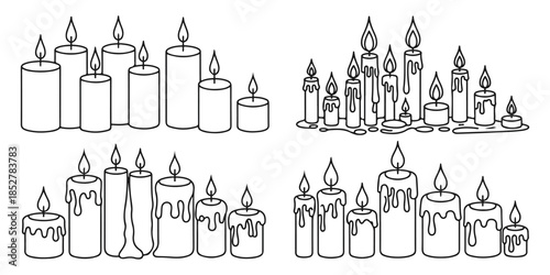 Set of outline candle illustrations with burning flames and melting wax effect