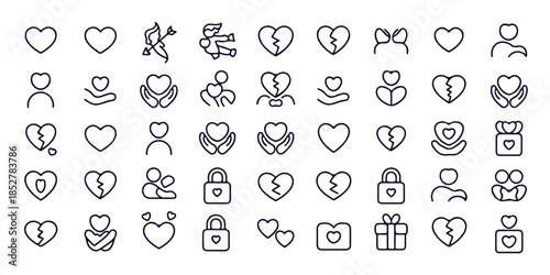 Set of love line icons heart arrow broken heart romantic couple gift and lock symbols
