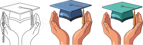 Graduation cap in hands concept with different colors, a symbol of academic achievement and success, isolated on white background