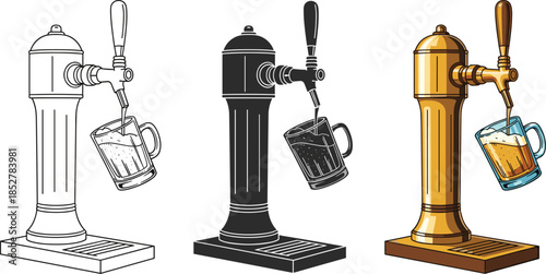 Beer tap with beer mug isolated on white background set of beer taps in different styles beer dispenser with beer glass vector illustration of beer tap