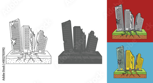 Illustration of the ruins of a city after an earthquake, depicting the devastating impact on infrastructure and the environment, isolated on white background
