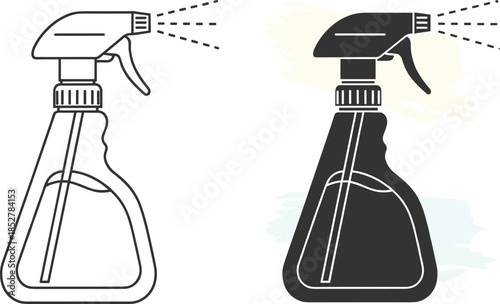 Spray bottle line art and silhouette isolated on white background, perfect for cleaning, gardening, or beauty products, with a simple and modern design