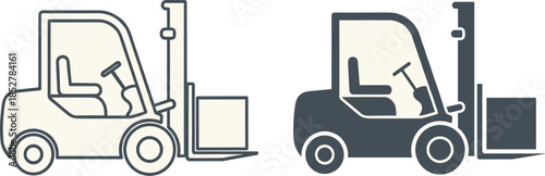 Forklift truck icon set, representing industrial equipment for lifting and transporting materials, in both line art and solid fill styles on a light background