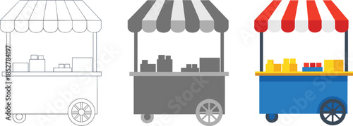 Illustration of a food cart in three different styles isolated on white background line art, grayscale, and full color, showcasing vendor stall design