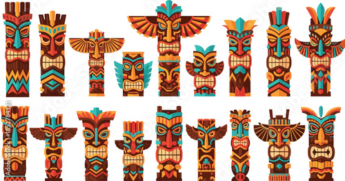 Set Of Diverse Colorful Traditional Totem Poles Featuring Tribal Masks And Indigenous Cultural Symbols Isolated On A White Background For Design