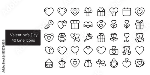 Valentine's day line icons set, love symbols, romantic gifts, hearts, and celebratory elements