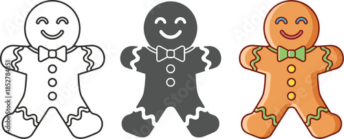 Gingerbread man in outline, silhouette, and color isolated on white background, a delightful illustration showcasing the iconic holiday treat in various styles