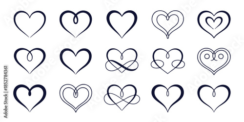 Set of elegant heart shapes with swirl and decorative patterns, romantic love symbols
