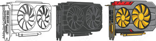 Three graphic card illustrations in different styles isolated on white background outline, silhouette, and colored version, showcasing design options