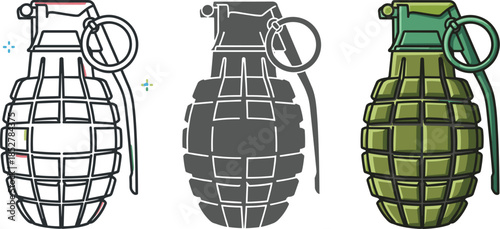Grenade illustration set isolated on white background collection of hand grenade in different styles military weapon, explosive device, bomb concept