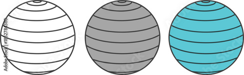 Three exercise balls in different colors isolated on white background fitness equipment for workout and yoga gym ball for pilates and stretching