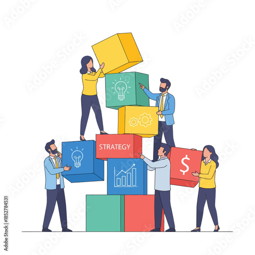 Collaborative teamwork focusing on innovative strategy development and visual planning in a