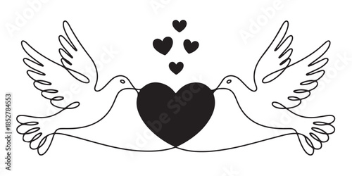 Two doves carrying heart symbol of peace and love vector illustration