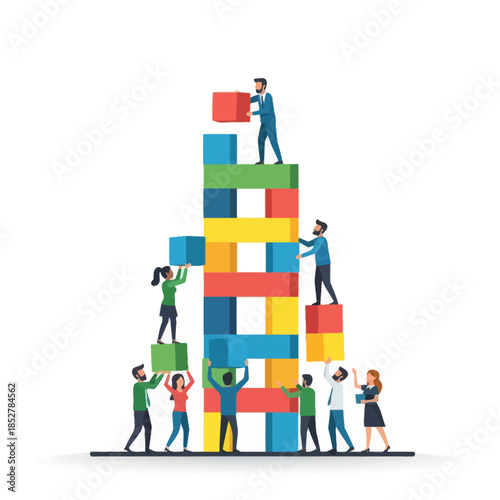 Collaborative teamwork building a colorful block tower illustrating unity and strategic planning