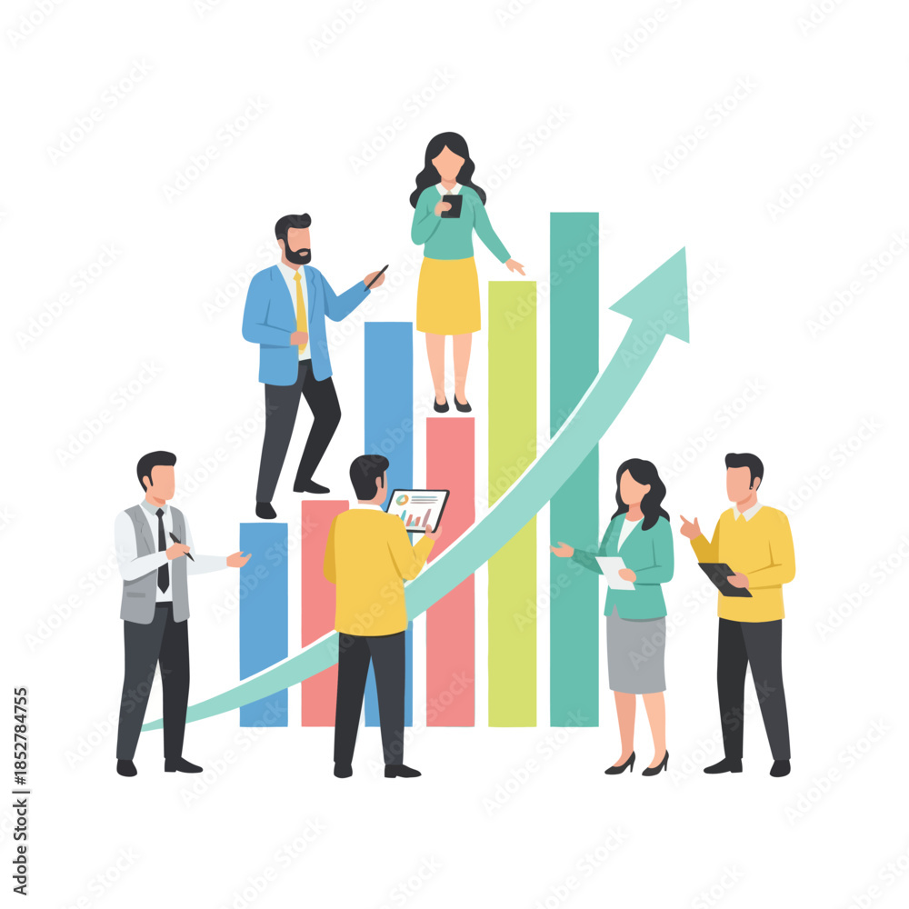 Obraz premium business team analyzing growth metrics with charts and upward trend graph in a modern office