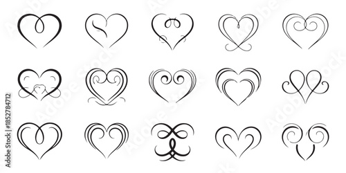 Set of decorative hearts, elegant swirl designs, romantic calligraphy, love symbols collection
