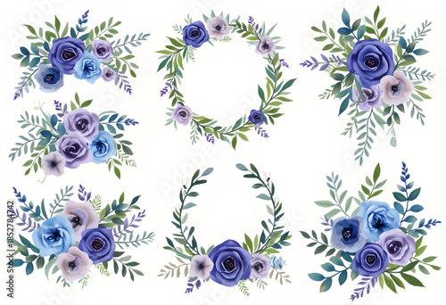 Colorful watercolor flower arrangements displaying blue and purple blooms with green foliage suitable for decoration