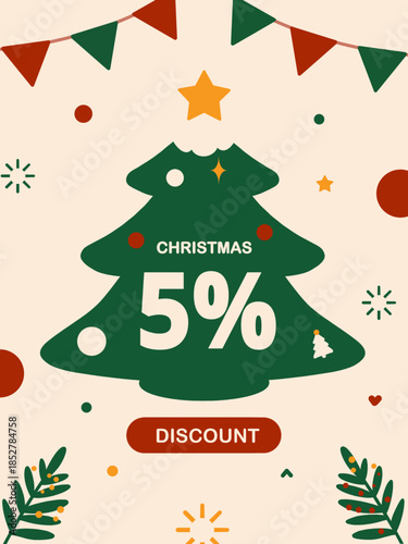 Christmas discount banner design with Christmas tree shape and 5 percent sale text. Suitable for Christmas sale promotion, marketing, retail discount, online shop banner, social media post, flyer