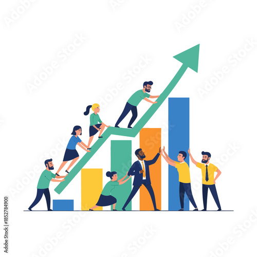 Diverse Business Team Collaborating to Achieve Growth and Success with Increasing Bar Graphs and