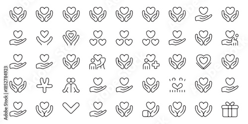Collection of hearts held by hands kindness and care icons