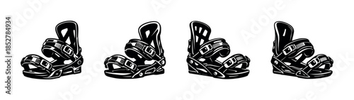 Snowboard bindings set, flat vector illustration, carving, monochrome design