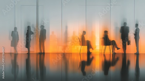Abstract representation of a corporate meeting behind transparent barriers. High quality. High quality