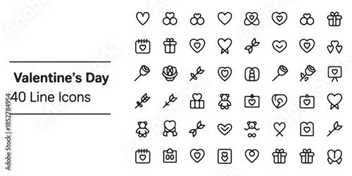 Valentine's day line icons with hearts roses and gifts