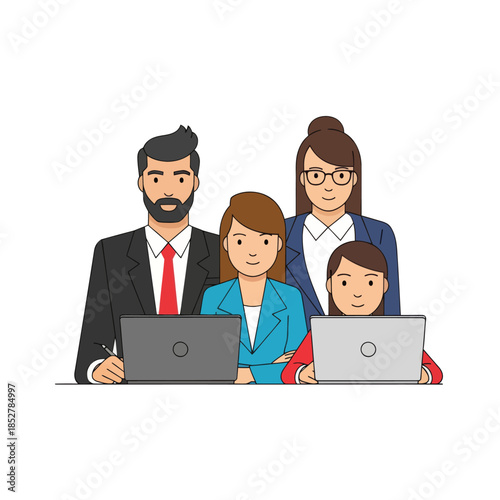 Diverse group of professionals engaged in collaborative office work with laptops and documents