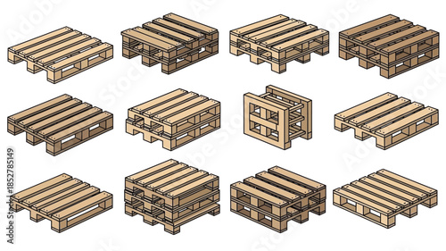 An isometric illustration displaying various wooden pallets in a grid arrangement
