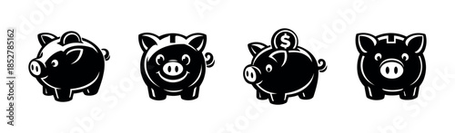 Piggy bank collection, finance, savings, currency symbols, flat vector illustration