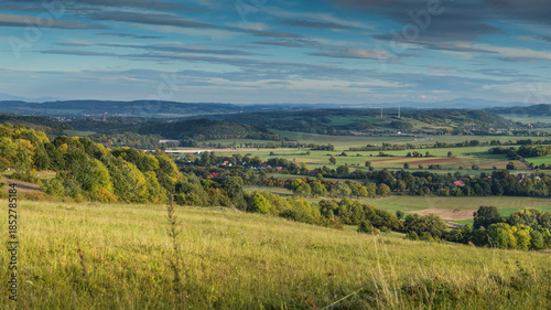 Landscape of the Land of Extinct Volcanoes at golden hour, Jozkowa Gora lookout point, Lower Silesia