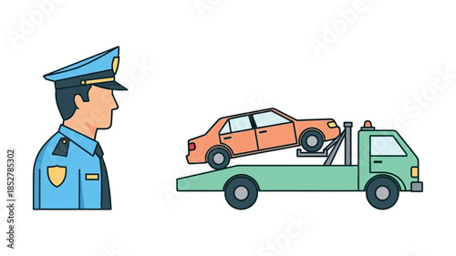 A police officer overseeing a car being towed by a tow truck