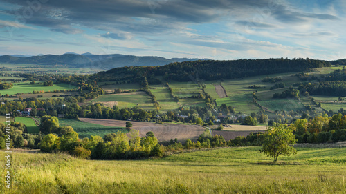Landscape of the Land of Extinct Volcanoes at golden hour, Jozkowa Gora lookout point, Lower Silesia
