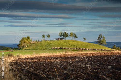Landscape of the Land of Extinct Volcanoes at golden hour, Jozkowa Gora lookout point, Lower Silesia