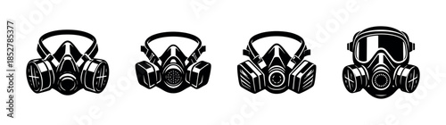 Gas mask collection, protective equipment, respirators, flat vector illustration