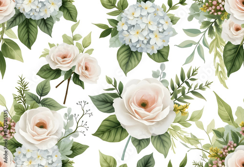 A beautiful arrangement of soft pink roses, blue hydrangeas, and lush green leaves creates a serene floral pattern on a white backdrop, perfect for various design applications.