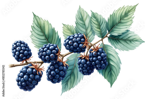 A detailed illustration shows a branch with clusters of ripe blackberries surrounded by vibrant green leaves. This depiction showcases the beauty of nature and ripe fruit.